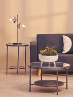 Black and Silver Metal Frame 2-Tier Side Table with Round Mirrored Glass Top | Xania