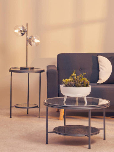 Black and Silver Metal Frame 2-Tier Side Table with Round Mirrored Glass Top | Xania
