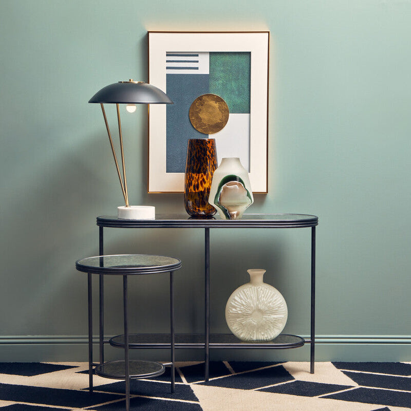 Black and Silver Metal Frame 2-Tier Side Table with Round Mirrored Glass Top | Xania