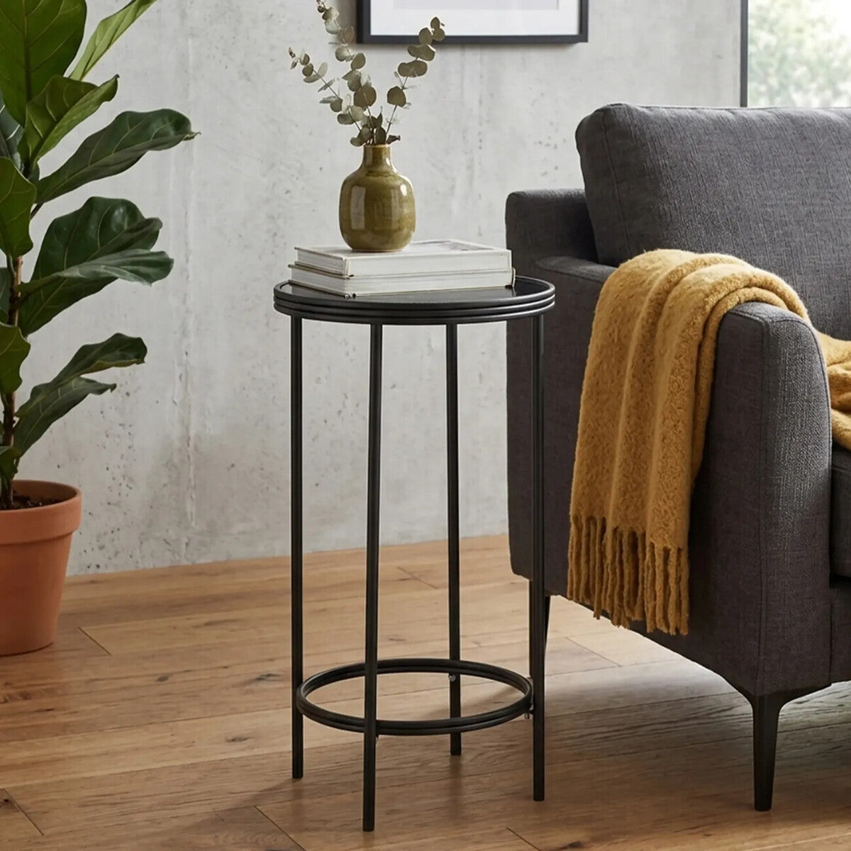 Silver and Black Round Side Table with Antique Mirror Top | Xania