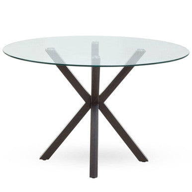 Clear Glass Top Round Dining Table with Black Wood Effect Metal Legs | Salford