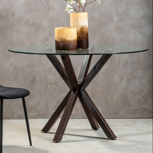 Clear Glass Top Round Dining Table with Black Wood Effect Metal Legs | Salford