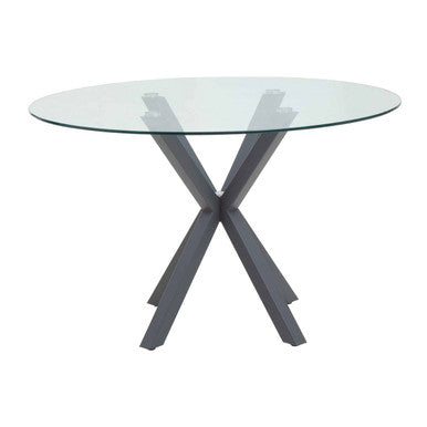 Clear Glass Top Round Dining Table with Grey Metal Legs | Salford