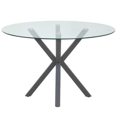 Clear Glass Top Round Dining Table with Grey Metal Legs | Salford