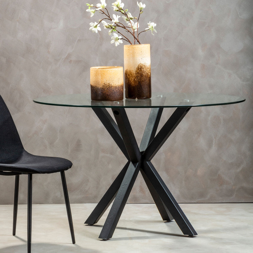 Clear Glass Top Round Dining Table with Black Metal Legs | Salford