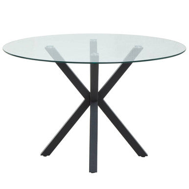 Clear Glass Top Round Dining Table with Black Metal Legs | Salford