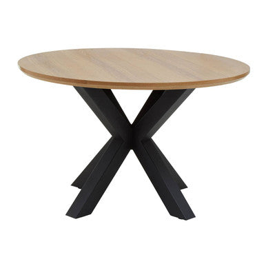 Natural Wood Veneer Top Round Dining Table with Black Metal Legs | Salford