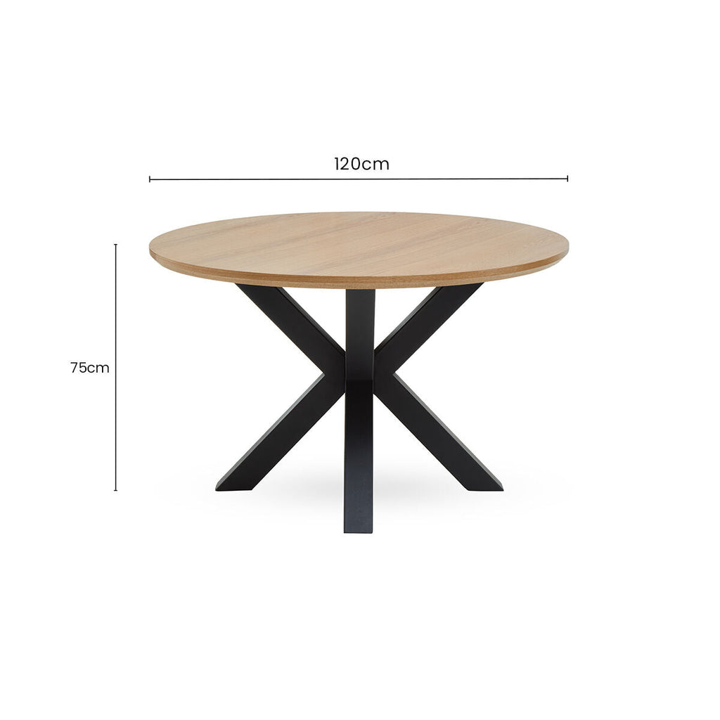Natural Wood Veneer Top Round Dining Table with Black Metal Legs | Salford