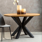 Natural Wood Veneer Top Round Dining Table with Black Metal Legs | Salford