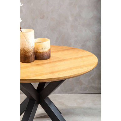 Natural Wood Veneer Top Round Dining Table with Black Metal Legs | Salford