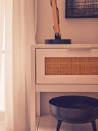 White Wooden Side Table with Rattan 1 Drawers | Sherman