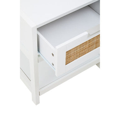 White Wooden Side Table with Rattan 1 Drawers | Sherman