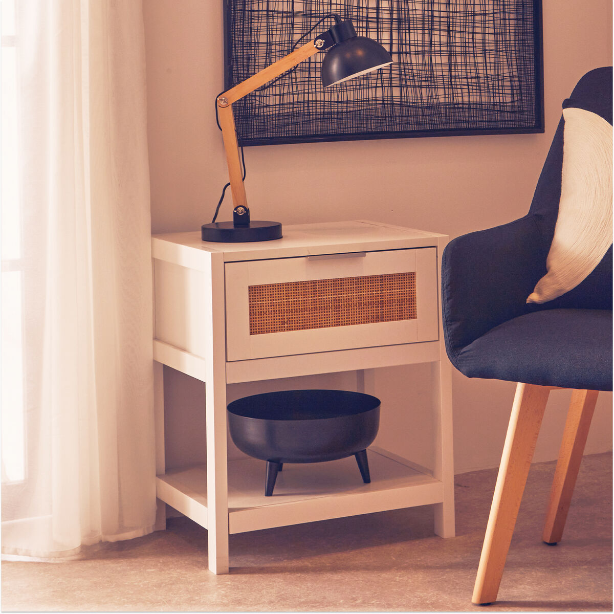 White Wooden Side Table with Rattan 1 Drawers | Sherman