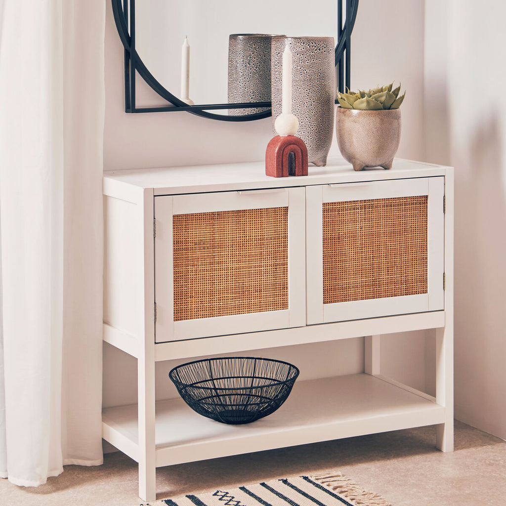 White Wood and Rattan Two Drawer Side Cabinet | Sherman