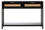 Black Wooden 2-Drawer Console Table with Natural Rattan Panels and Lower Shelf | Sherman