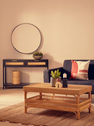 Black Wooden 2-Drawer Console Table with Natural Rattan Panels and Lower Shelf | Sherman
