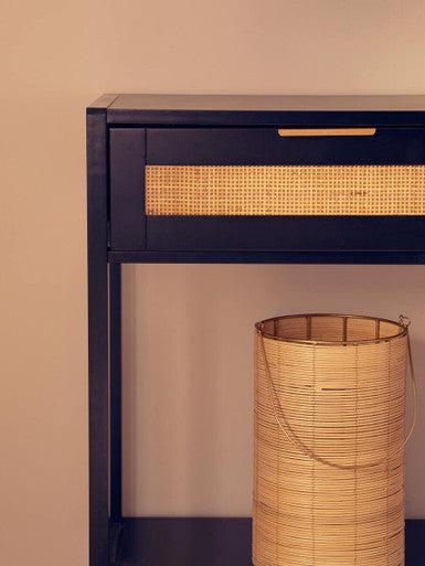 Black Wooden 2-Drawer Console Table with Natural Rattan Panels and Lower Shelf | Sherman