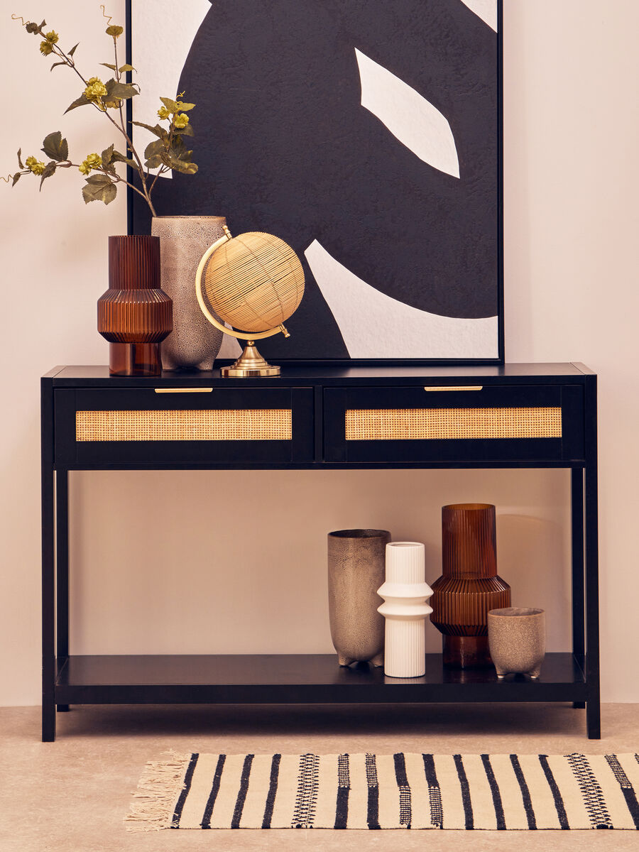 Black Wooden 2-Drawer Console Table with Natural Rattan Panels and Lower Shelf | Sherman