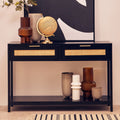 Black Wooden 2-Drawer Console Table with Natural Rattan Panels and Lower Shelf | Sherman
