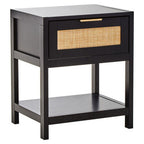 Black Wooden Bedside Table with Natural Rattan 1 Drawer | Sherman