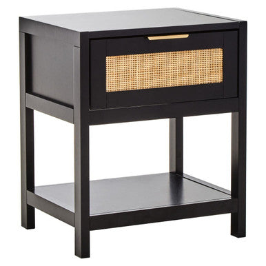 Black Wooden Bedside Table with Natural Rattan 1 Drawer | Sherman