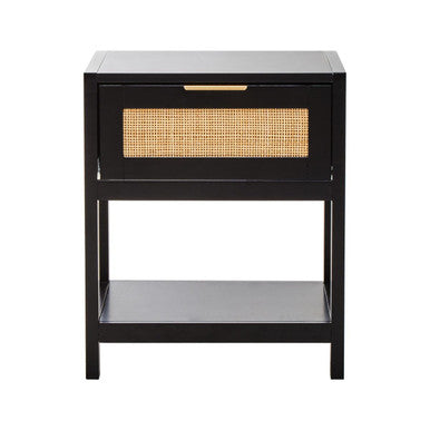 Black Wooden Bedside Table with Natural Rattan 1 Drawer | Sherman