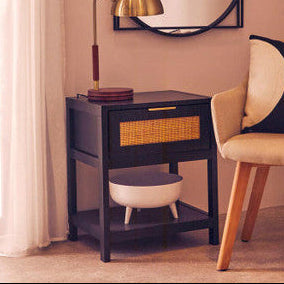 Black Wooden Bedside Table with Natural Rattan 1 Drawer | Sherman