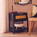 Black Wooden Bedside Table with Natural Rattan 1 Drawer | Sherman