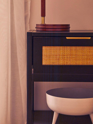 Black Wooden Bedside Table with Natural Rattan 1 Drawer | Sherman