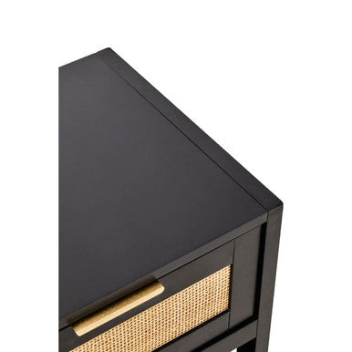 Black Wooden Bedside Table with Natural Rattan 1 Drawer | Sherman
