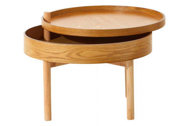 Light Oak Veneer Round Revolving Top Side Table with Hidden Storage Compartment | Viborg