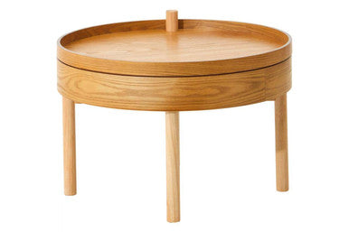Light Oak Veneer Round Revolving Top Side Table with Hidden Storage Compartment | Viborg