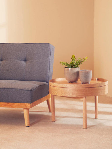 Light Oak Veneer Round Revolving Top Side Table with Hidden Storage Compartment | Viborg