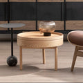 Light Oak Veneer Round Revolving Top Side Table with Hidden Storage Compartment | Viborg