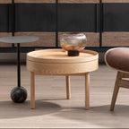 Light Oak Veneer Round Revolving Top Side Table with Hidden Storage Compartment | Viborg