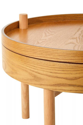 Light Oak Veneer Round Revolving Top Side Table with Hidden Storage Compartment | Viborg