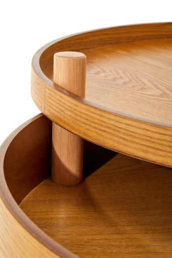 Light Oak Veneer Round Revolving Top Side Table with Hidden Storage Compartment | Viborg