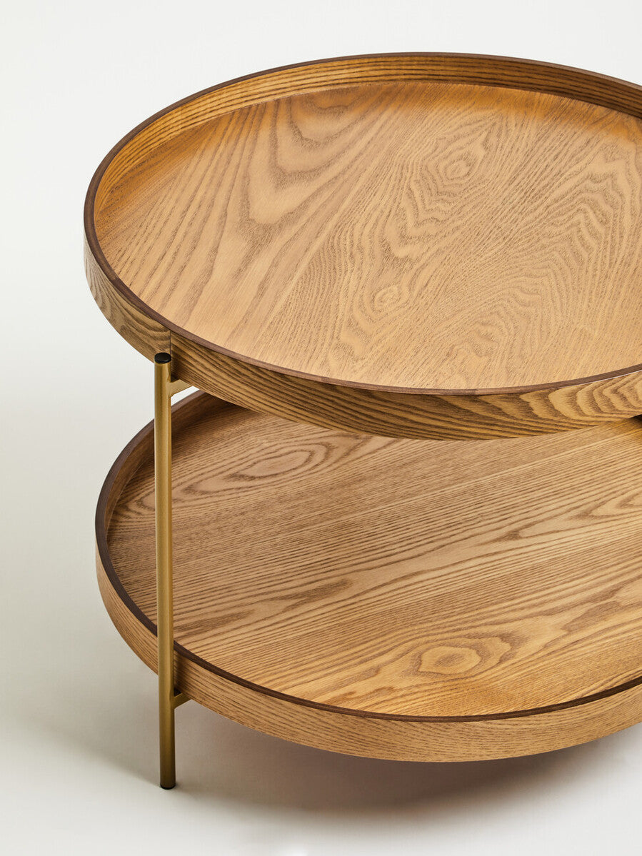 Natural Wood Veneer Round Two-Tier Side Table, Viborg