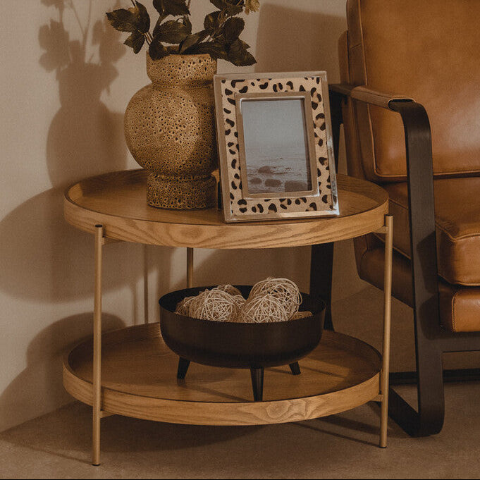 Natural Wood Veneer Round Two-Tier Side Table, Viborg