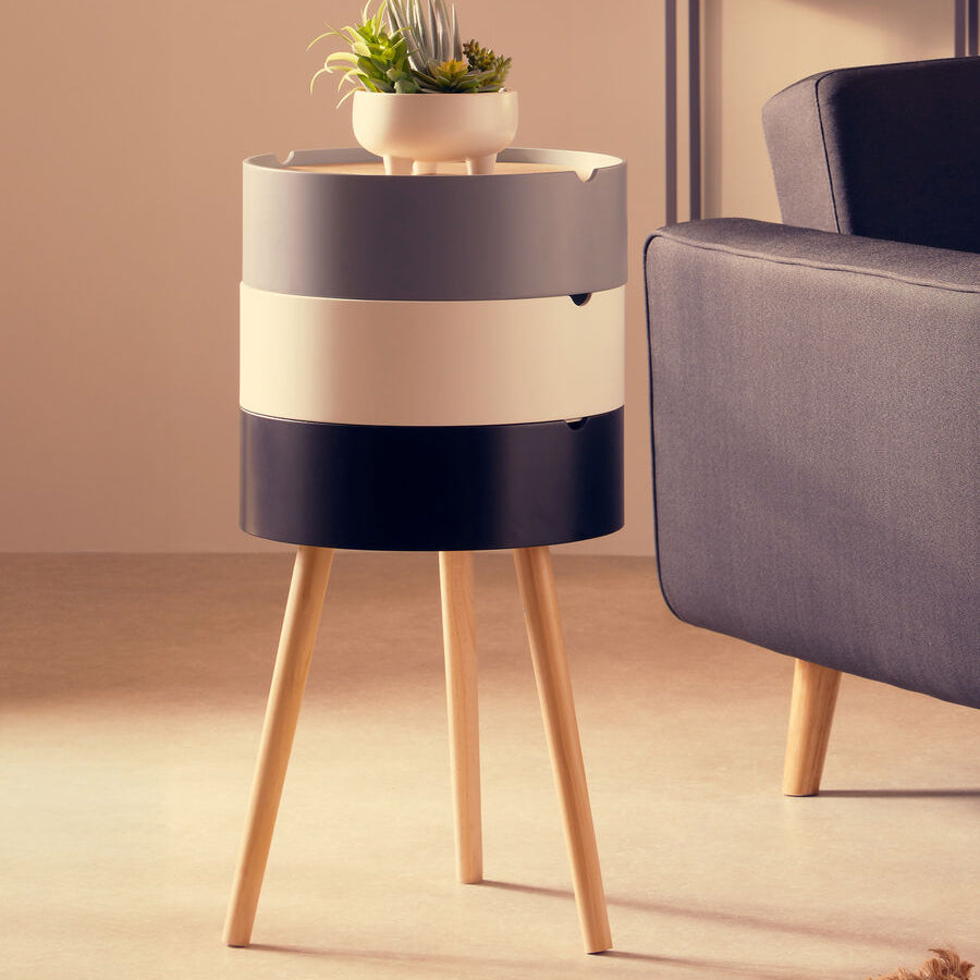 White Grey and Black Three Tier Storage Side Table with Pine Wood Legs | Viborg