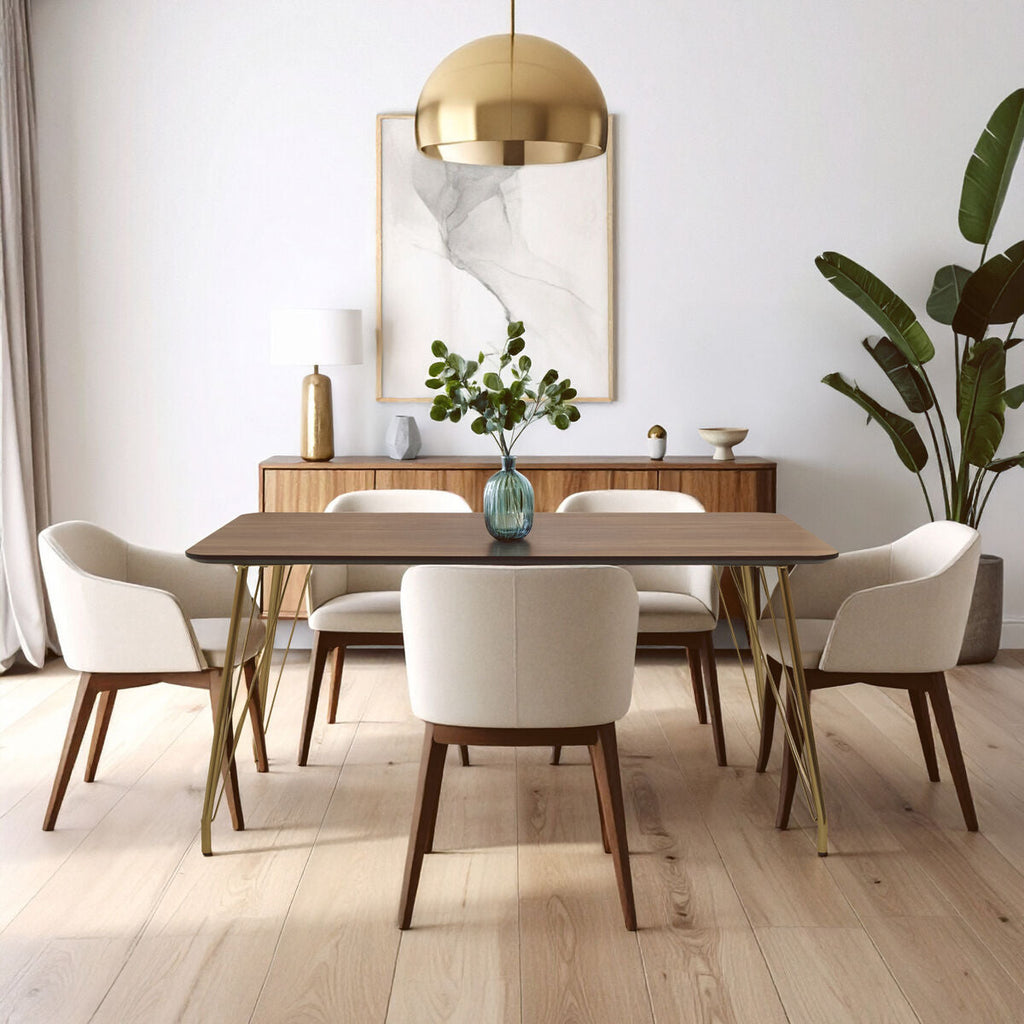 Natural Wood Effect Top Dining Table with Gold Hairpin Metal Base | Veneto