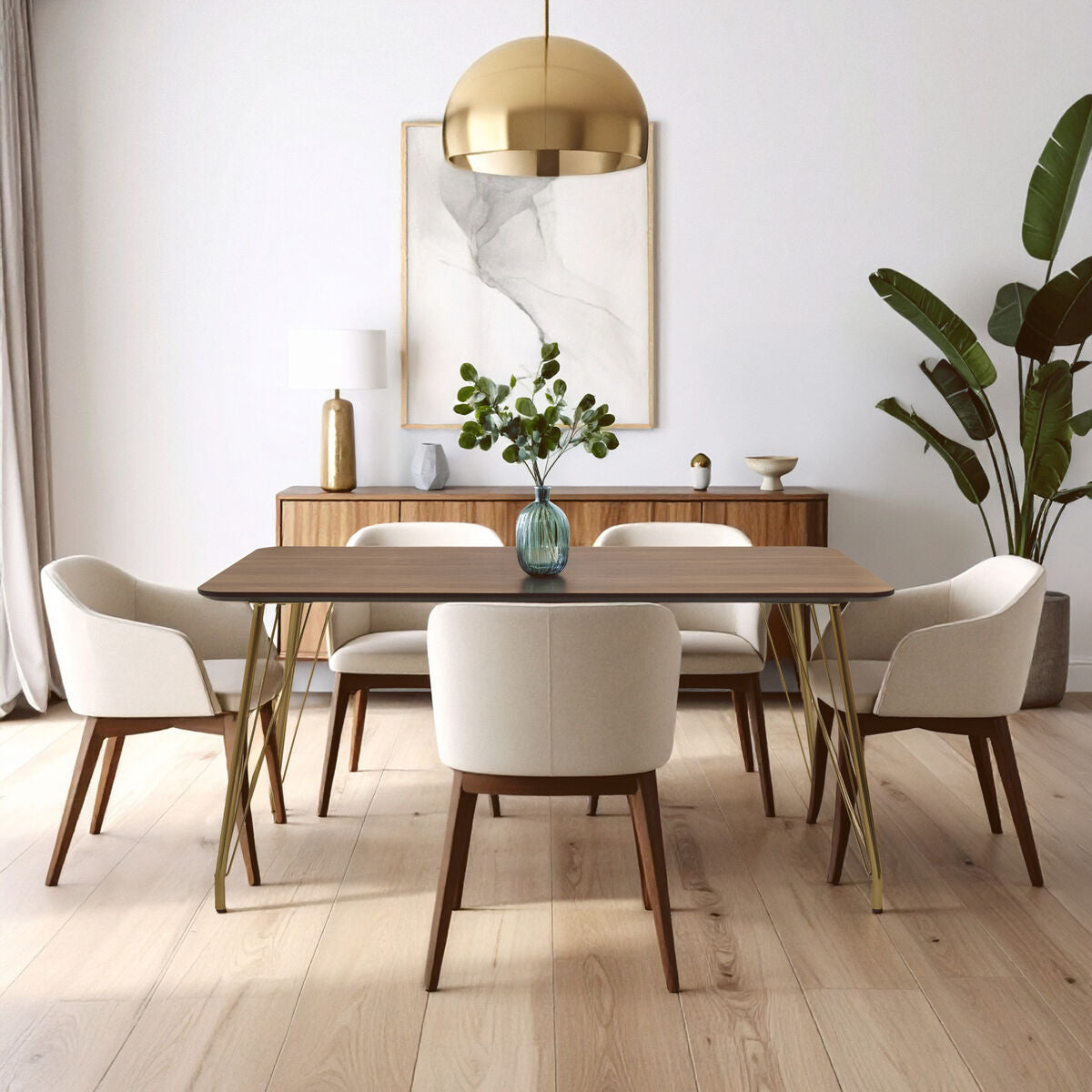 Natural Wood Effect Top Dining Table with Gold Hairpin Metal Base | Veneto