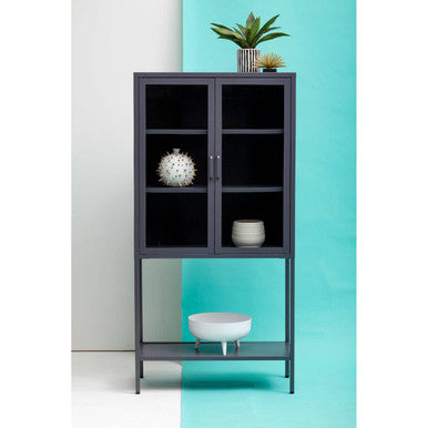 Two Door Grey Metal Cabinet With Glass Doors | Acier
