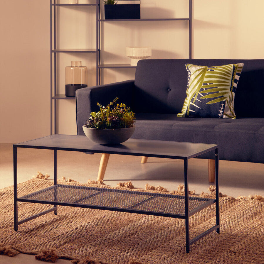 Grey Powder Coated Metal Coffee Table with Lower Mesh Display Shelf, Acero | Acero