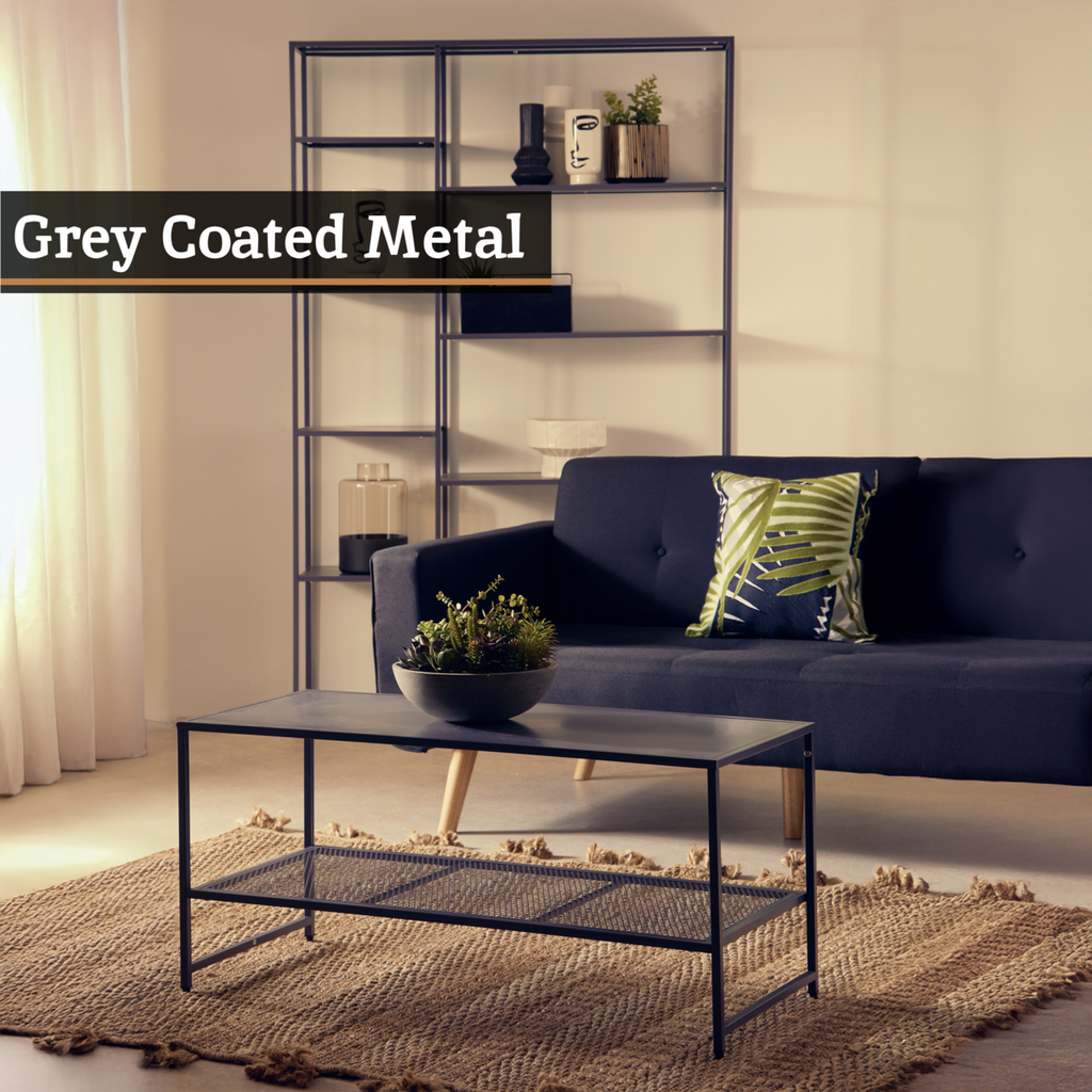 Grey Powder Coated Metal Coffee Table with Lower Mesh Display Shelf, Acero | Acero