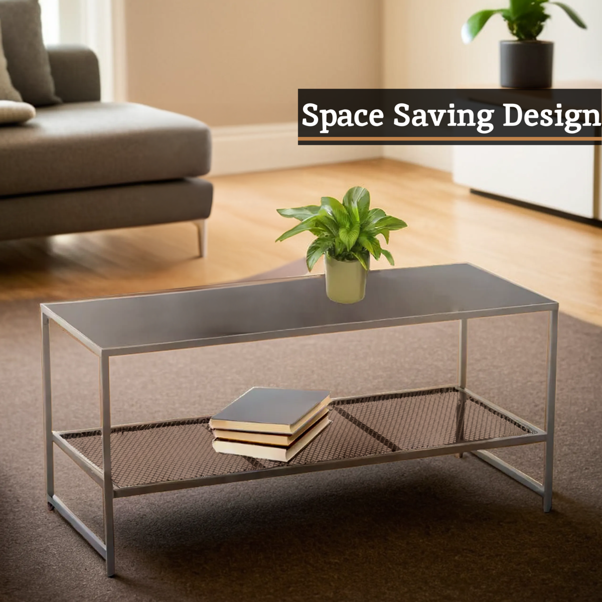 Grey Powder Coated Metal Coffee Table with Lower Mesh Display Shelf, Acero | Acero