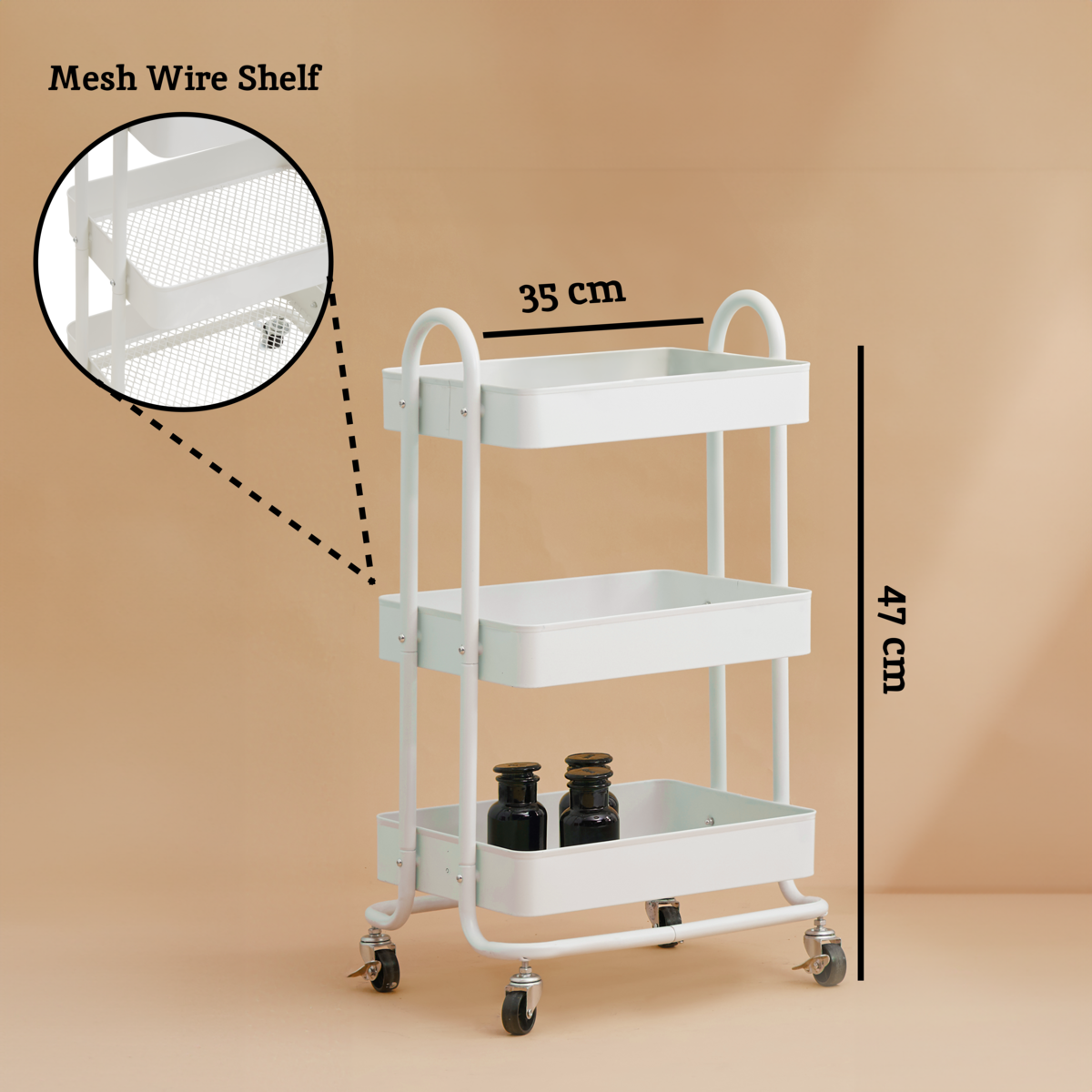 Three Tier White Metal Trolley | Acero