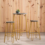 3 Piece Elm Wood Bar Table and Stool Set with Angular Frame in Gold Finish | District