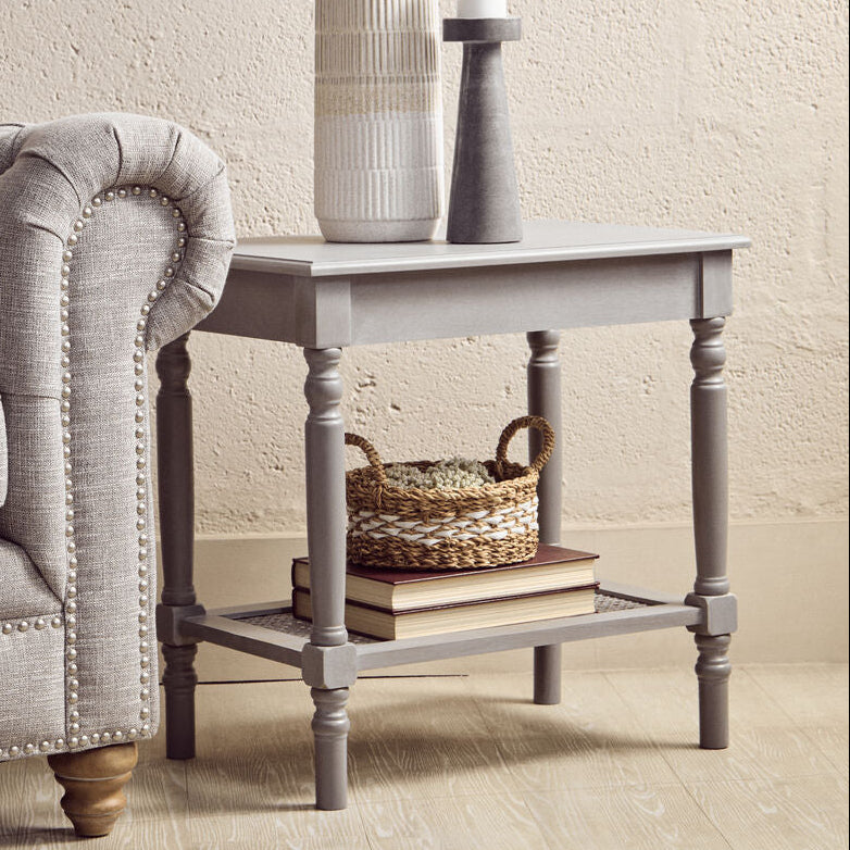 Slate Grey Wooden Side Table with Cane Webbing Detail | Heritage