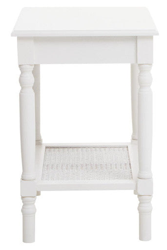White Wooden 2-Tier Side Table with Cane Rattan Webbing Detail and Carved Legs | Heritage